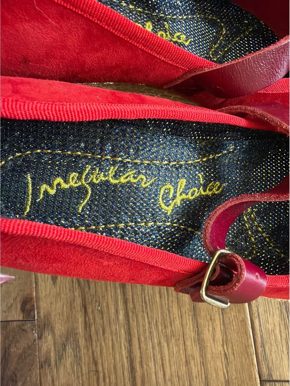 Irregular Choice Red Suede Wedge Heels with Grape and Strawberry Accent